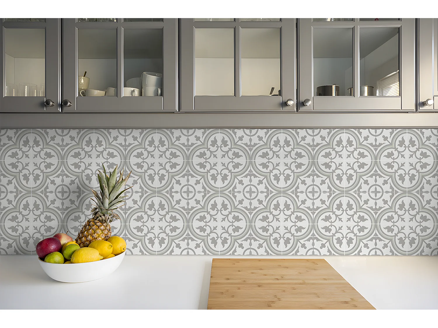 Carreaux autocollants PVC, Carrelage PVC adhésif - 9x30x30 - Fleurs grises ethniques