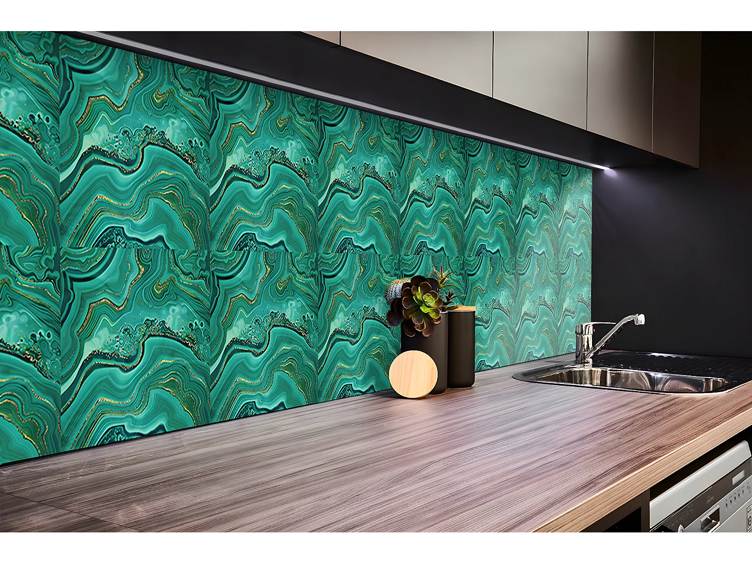 Panneaux muraux en vinyle, Planches en vinyle adhésives - 100x50 cm - Texture malachite
