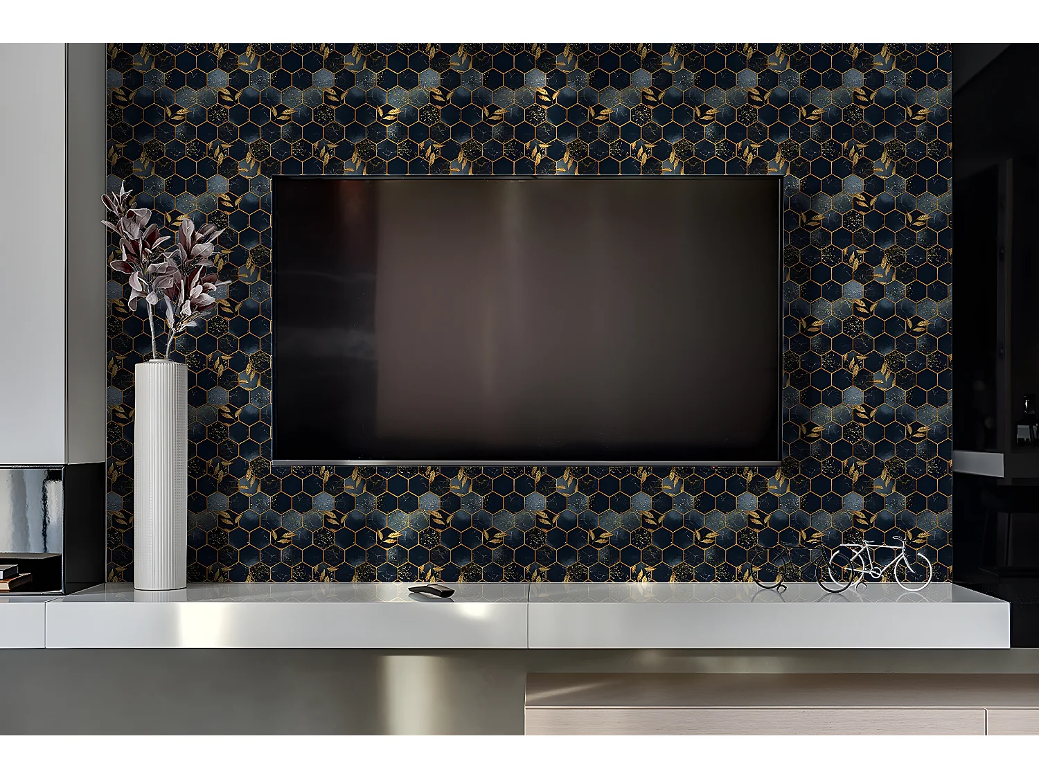 Panneaux muraux en vinyle, Planches en vinyle adhésives - 100x50 cm - Feuilles et hexagones