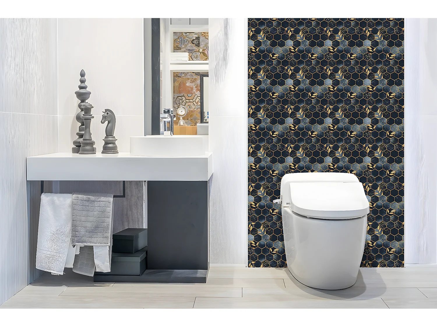 Panneaux muraux en vinyle, Planches en vinyle adhésives - 100x50 cm - Feuilles et hexagones