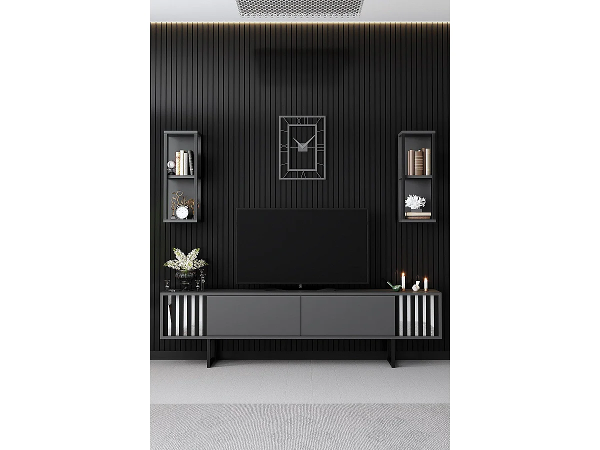 Conjunto de salón Kailua Z105, Antracita|Negro, Partes separadas|Con mesa de TV, 180x30cm