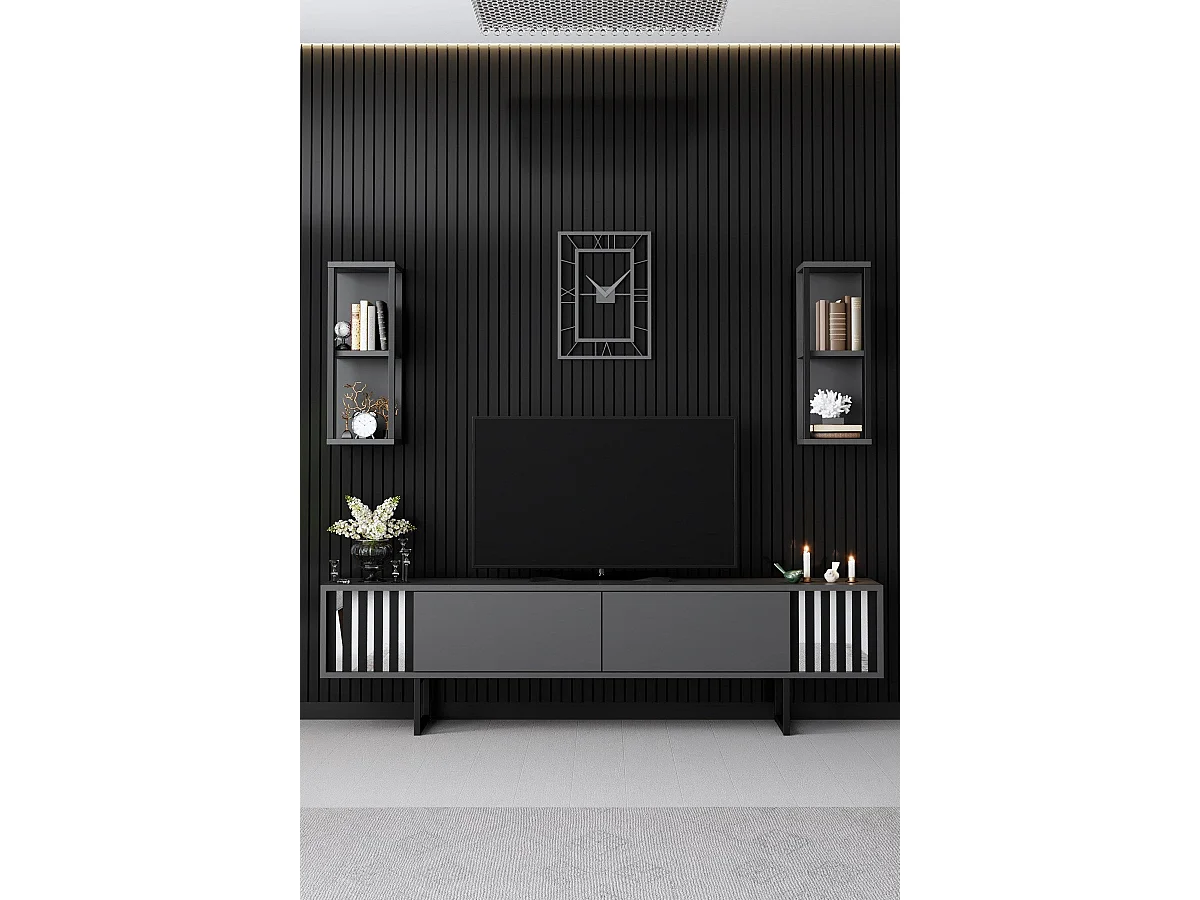 Conjunto de salón Kailua Z105, Antracita|Negro, Partes separadas|Con mesa de TV, 180x30cm