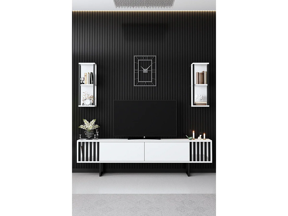 Conjunto de salón Kailua Z105, Negro|Blanco, Partes separadas|Con mesa de TV, 180x30cm
