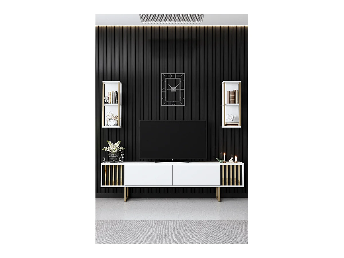 Conjunto de salón Kailua Z105, Dorado|Blanco, Partes separadas|Con mesa de TV, 180x30cm