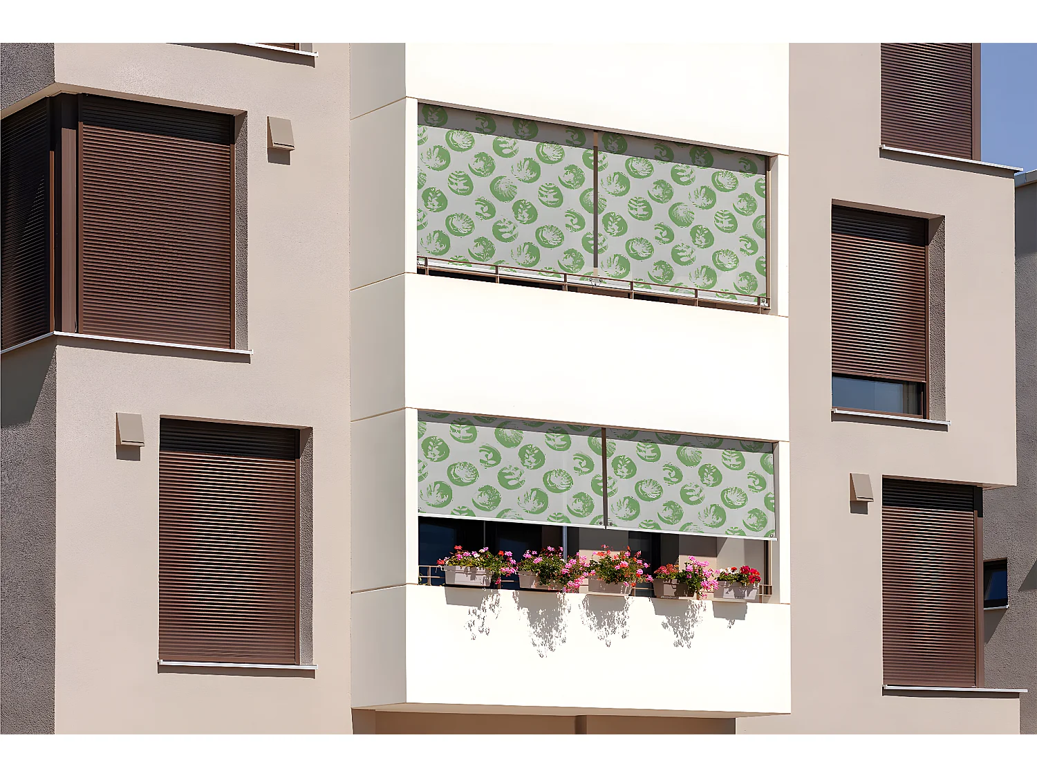 Store enrouleur extérieur unique - 140x290 cm - Feuilles dans des cercles verts Rideau de balcon, Stores de balcon, Rideau pare-soleil