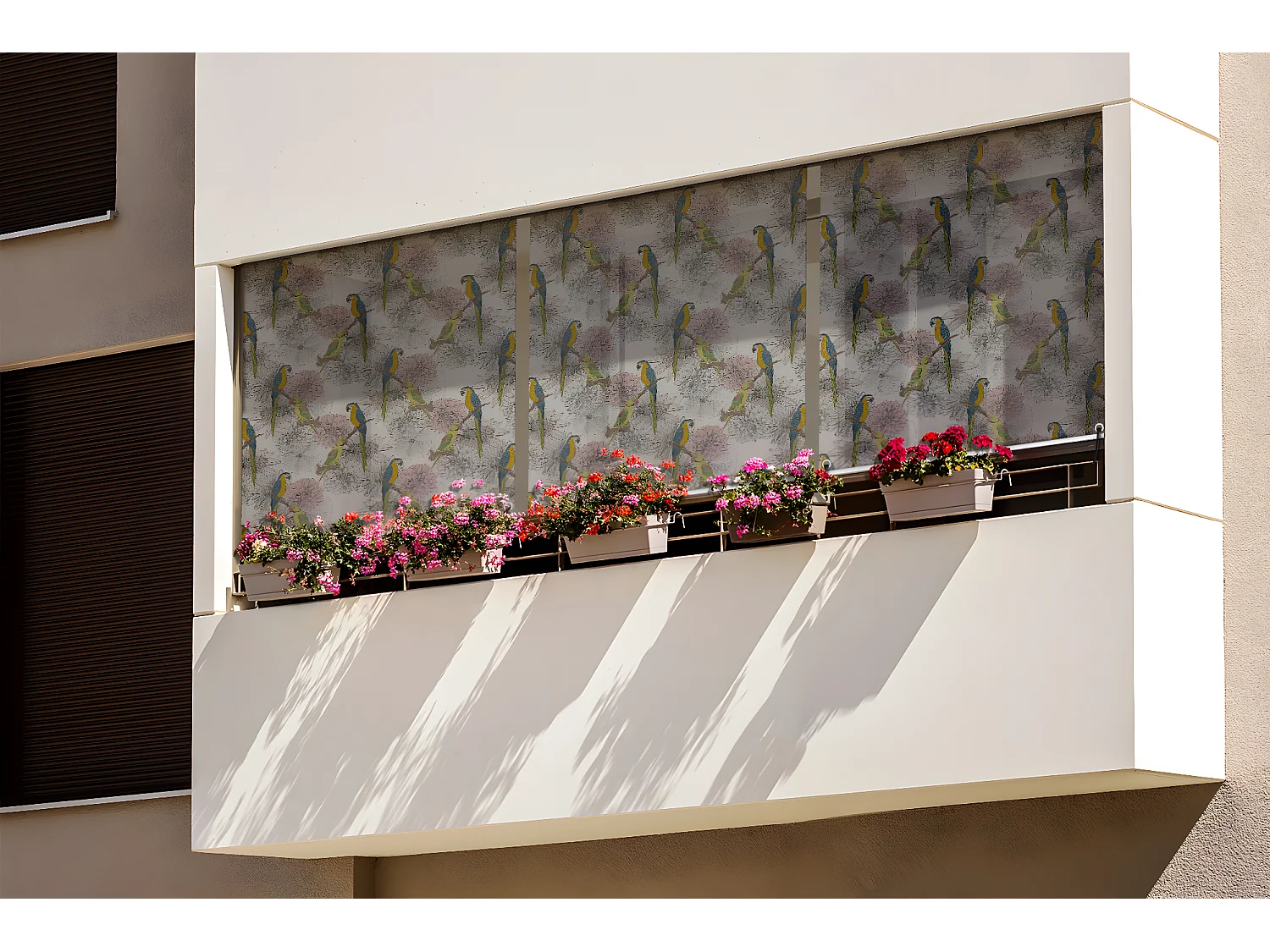 Stilvolles Rollo für den Außenbereich – 120 x 290 cm – Papageien und Blumen. Balkonvorhang, Balkonrollos, Sonnenschutzvorhang