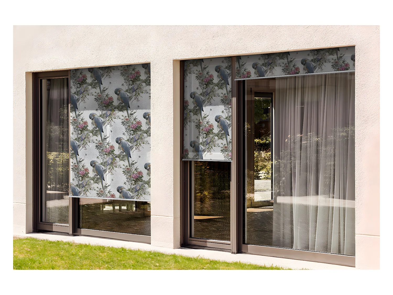 Store enrouleur extérieur unique - 40x290 cm - Perroquets parmi les fleurs Rideau de balcon, Stores enrouleurs de balcon, Rideau pare-soleil