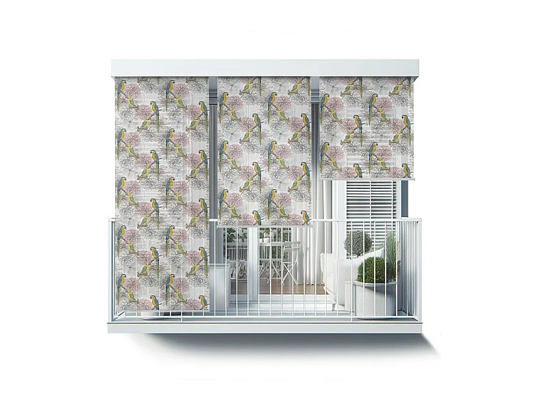 Stilvolles Rollo für den Außenbereich – 40 x 180 cm – Papageien und Blumen. Balkonvorhang, Balkonrollos, Sonnenschutzvorhang