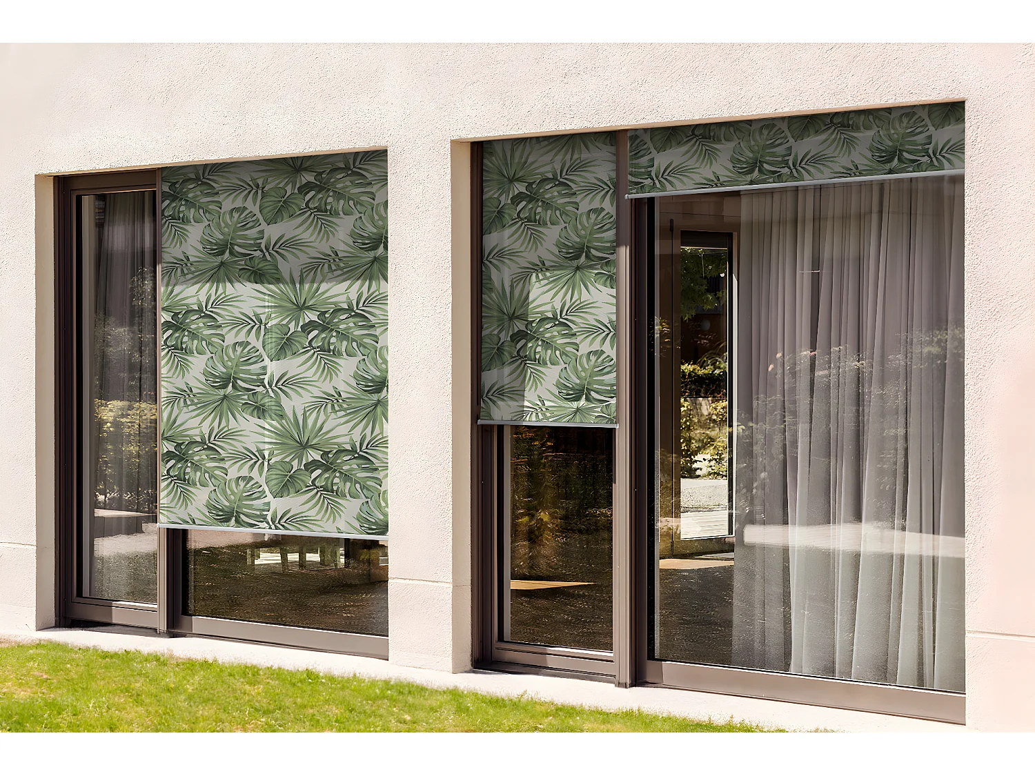 Modernes Rollo für den Außenbereich – 140 x 290 cm – Tropische Pflanzenblätter. Balkonvorhang, Balkonrollos, Sonnenschutzvorhang