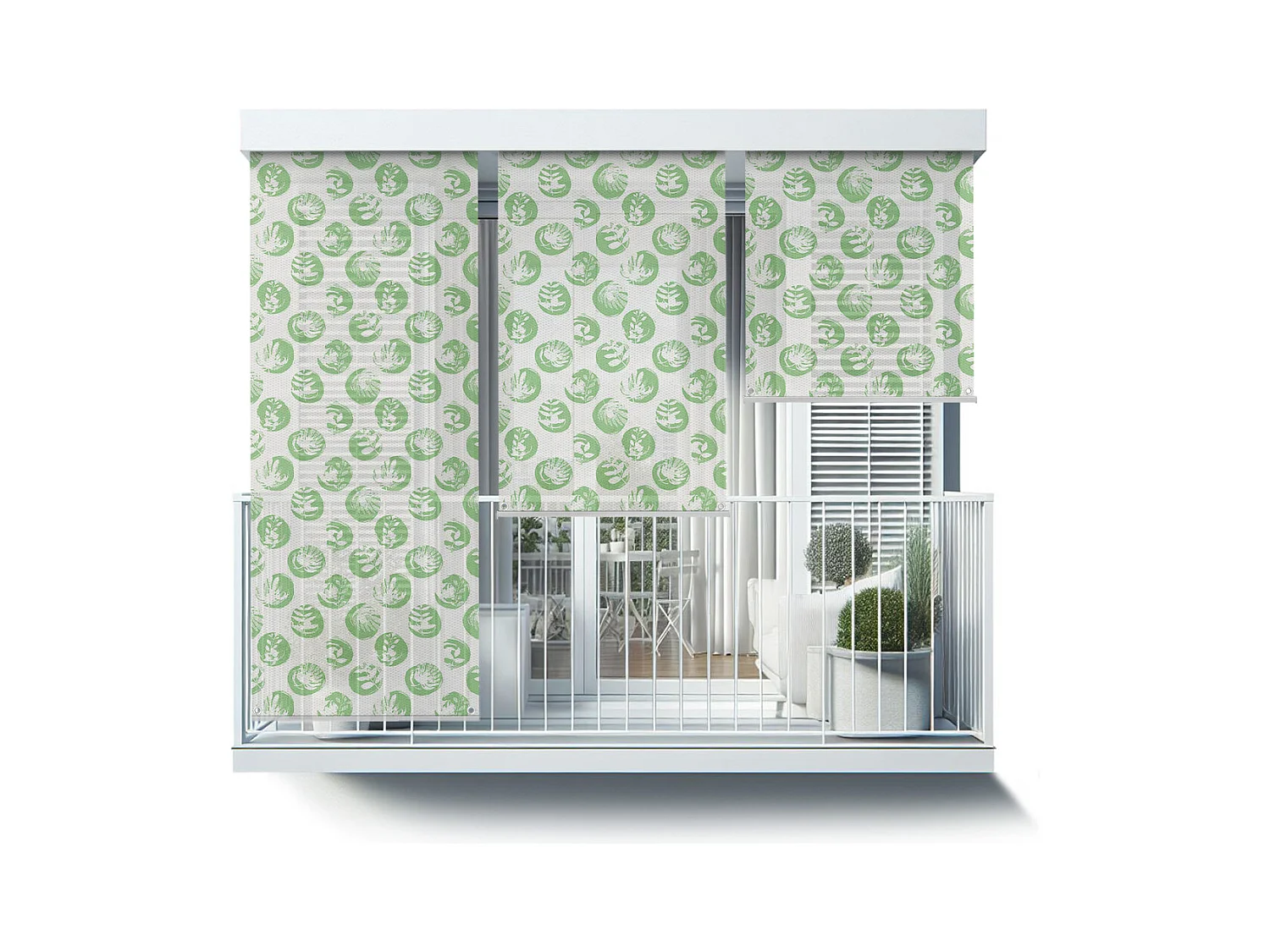 Store enrouleur extérieur unique - 120x290 cm - Feuilles dans des cercles verts Rideau de balcon, Stores de balcon, Rideau pare-soleil