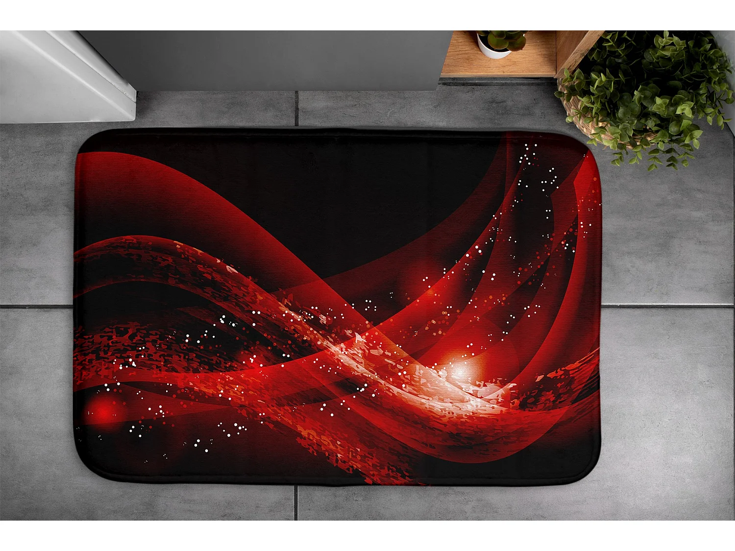 Weicher Badezimmerteppich 75 x 45 cm – Rutschfester Badezimmerteppich mit kräftiger roter Abstraktion