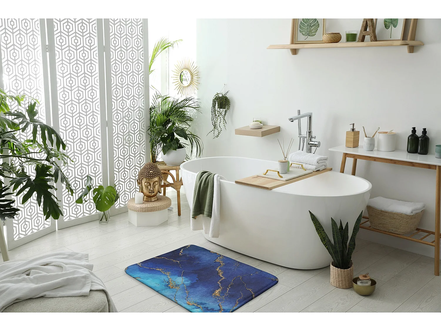 Badezimmermatte 90 x 60 cm – rutschfeste Badezimmermatte aus ruhigem blauem Marmor