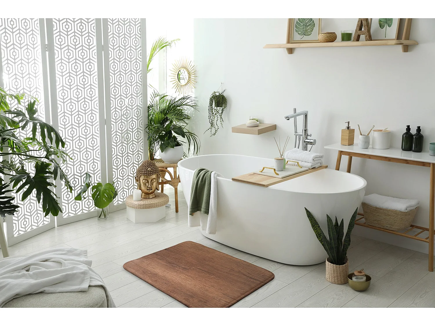 Badezimmermatte 90x60 cm - Rutschfeste Badezimmermatte. Naturholzplatte