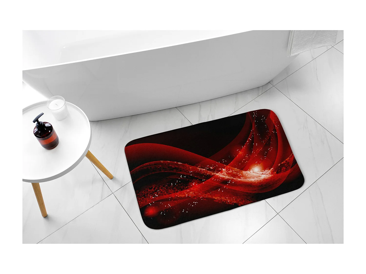 Weicher Badezimmerteppich 90 x 60 cm – Rutschfester Badezimmerteppich mit kräftiger roter Abstraktion