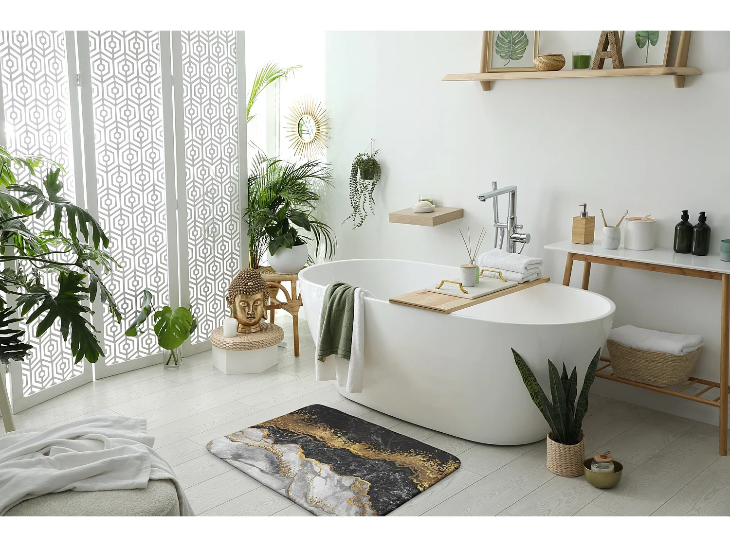 Luxuriöser Badezimmerteppich 75 x 45 cm – weicher Badeteppich aus goldenem Marmor