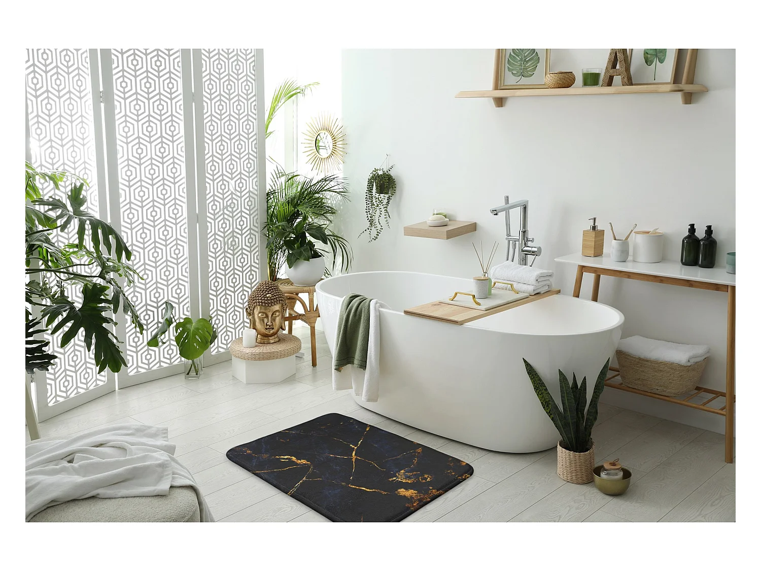 Badezimmerteppich 90x60 cm – Rutschfester Badezimmerteppich Tief dunkelblauer Marmor