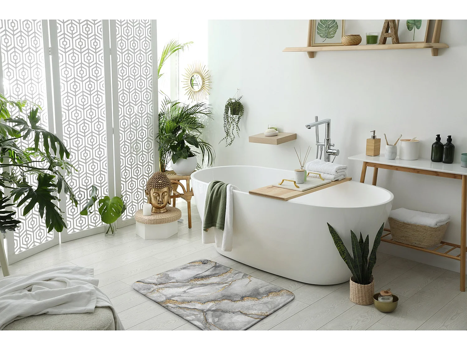 Weicher Badezimmerteppich 75 x 45 cm – eleganter rutschfester Badezimmerteppich aus grauem Marmor