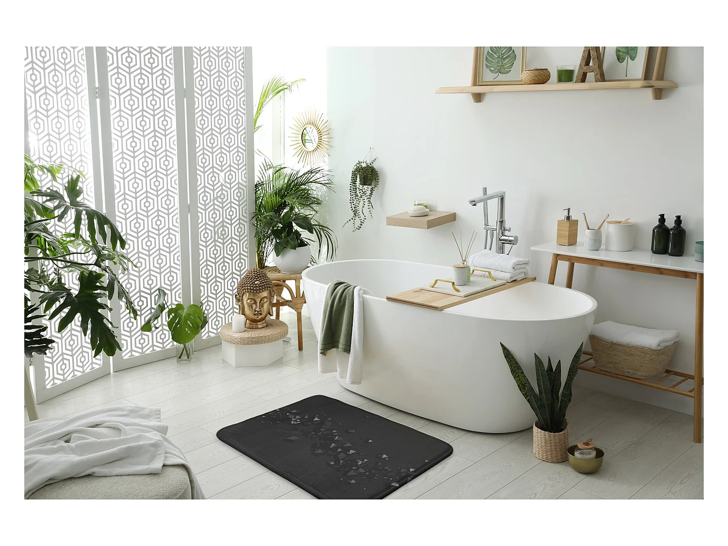 Tapis de salle de bain élégant 90x60 cm - Tapis de salle de bain moderne Abstraction noire géométrique