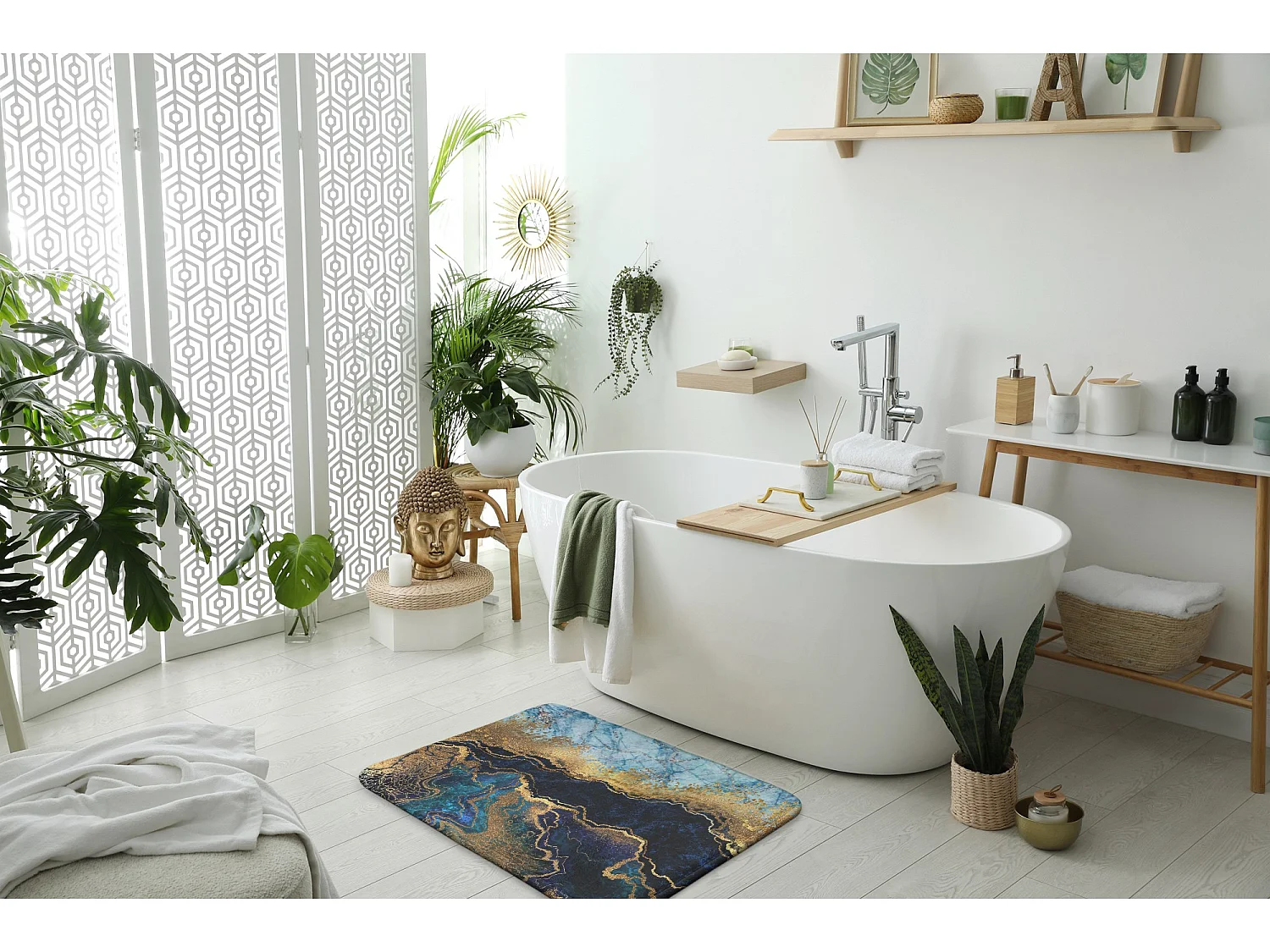 Luxuriöser Badezimmerteppich 90 x 60 cm – weicher Badeteppich aus blauem Marmor