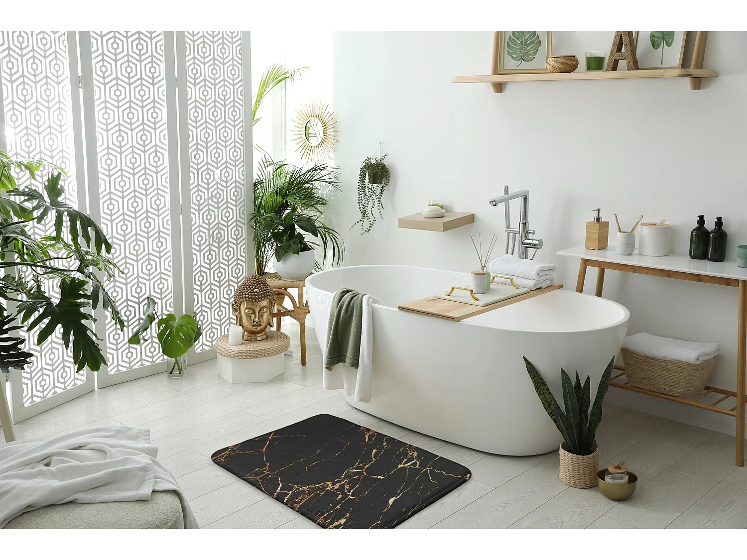 Weicher Badezimmerteppich 90 x 60 cm – rutschfester Badezimmerteppich mit klassischem Marmormuster