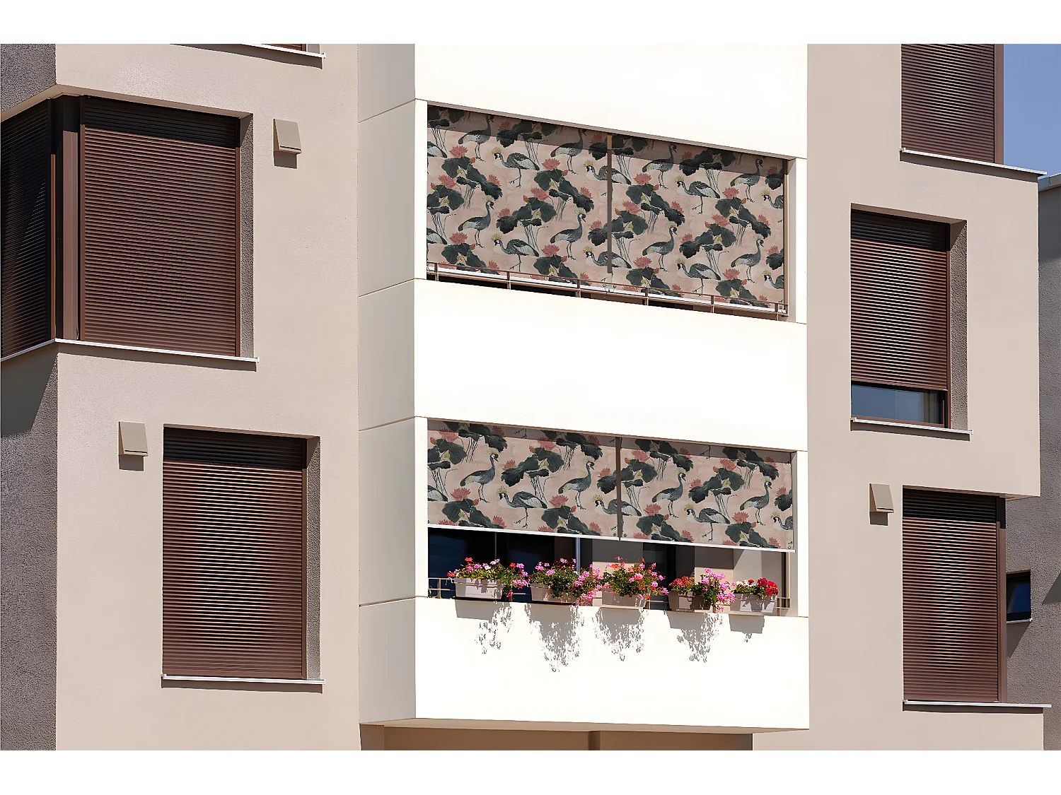 Schönes Rollo für den Außenbereich – 80 x 180 cm – Kraniche und Lotusblumen. Balkonvorhang, Balkonrollos, Sonnenschutzvorhang