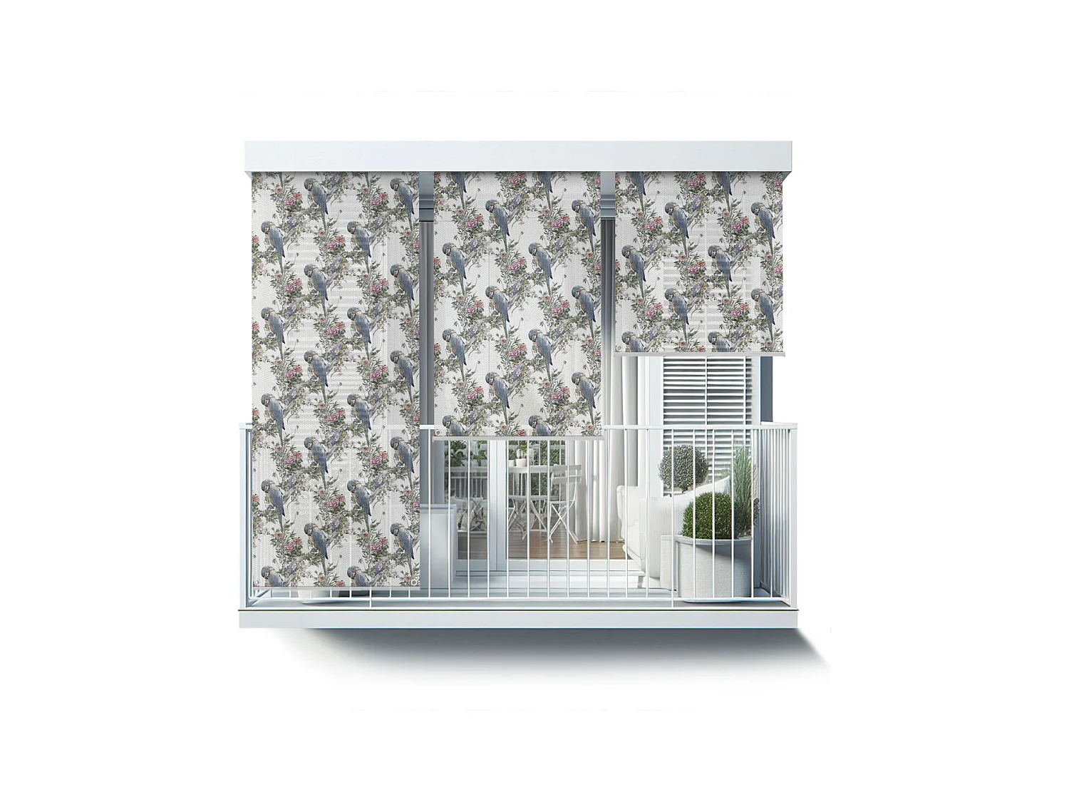 Einzigartiges Rollo für den Außenbereich – 80 x 180 cm – Papageien unter Blumen. Balkonvorhang, Balkonrollos, Sonnenschutzvorhang