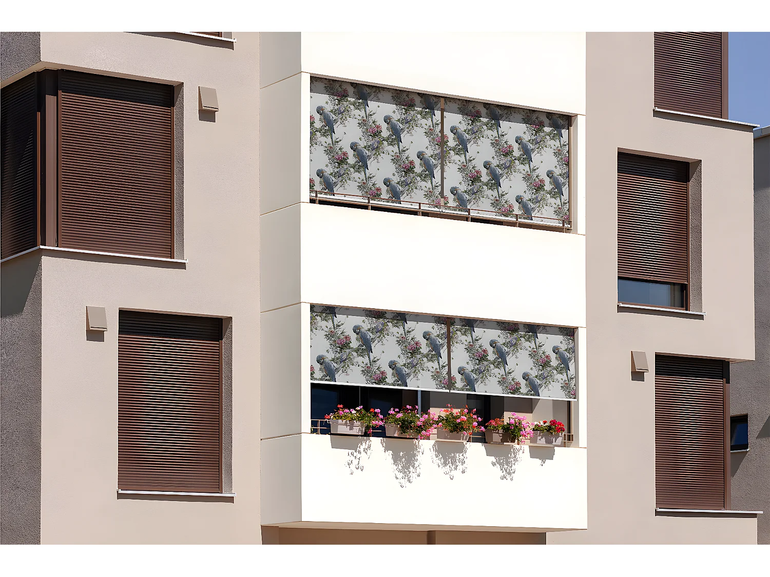 Store enrouleur extérieur unique - 50x180 cm - Perroquets parmi les fleurs Rideau de balcon, Stores enrouleurs de balcon, Rideau pare-soleil