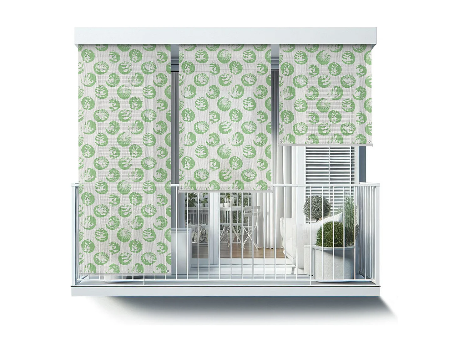 Store enrouleur extérieur unique - 40x290 cm - Feuilles dans des cercles verts Rideau de balcon, Stores de balcon, Rideau pare-soleil