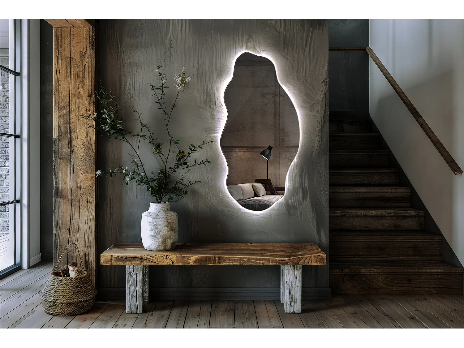 Espejo de pared LED decorativo industrial para salón dormitorio Boho Loft 40 cm x 80 cm - luz fría