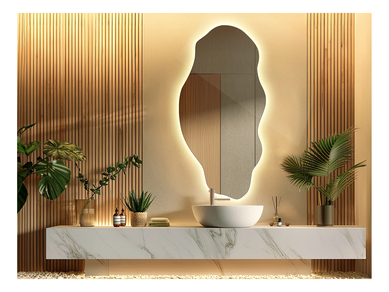 Dekorativer Loft-Spiegel im Boho-Stil mit LED-Beleuchtung für Wohnzimmer, Badezimmer, Schlafzimmer, 50 cm x 100 cm – warmes Licht