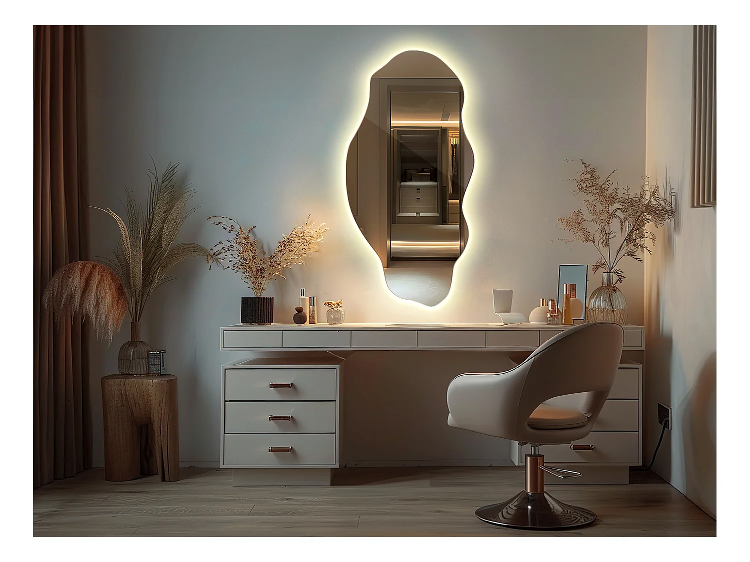 Dekorativer Loft-Spiegel im Boho-Stil mit LED-Beleuchtung für Wohnzimmer, Badezimmer, Schlafzimmer, 50 cm x 100 cm – warmes Licht