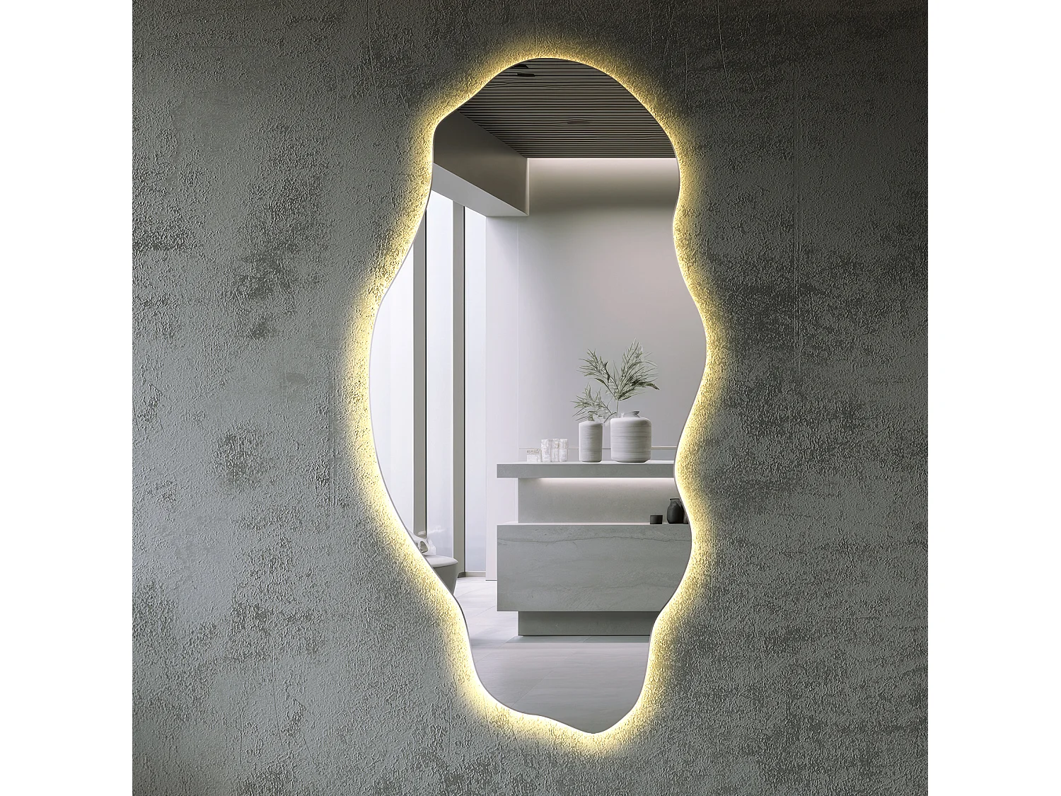 Dekorativer Loft-Spiegel im Boho-Stil mit LED-Beleuchtung für Wohnzimmer, Badezimmer, Schlafzimmer, 50 cm x 100 cm – warmes Licht