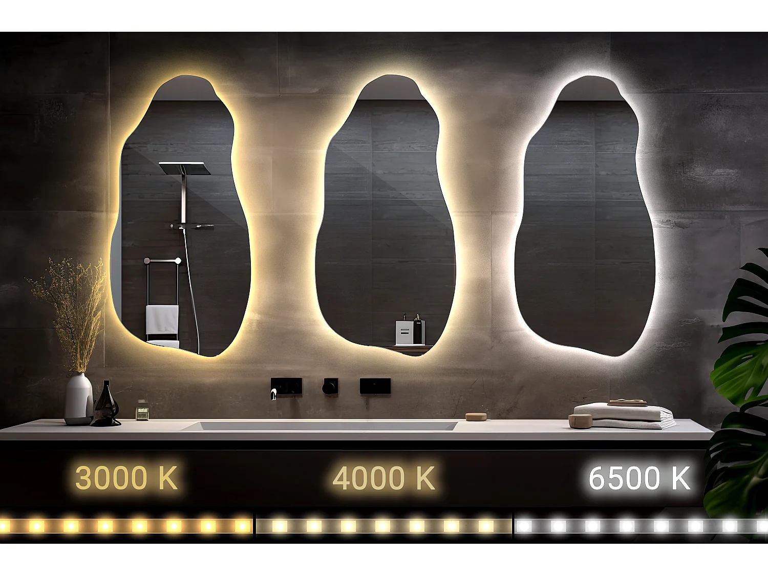 Glamouröser, unregelmäßiger, dekorativer LED-Badezimmerspiegel, einbaufertig, 40 cm x 80 cm – kaltes Licht