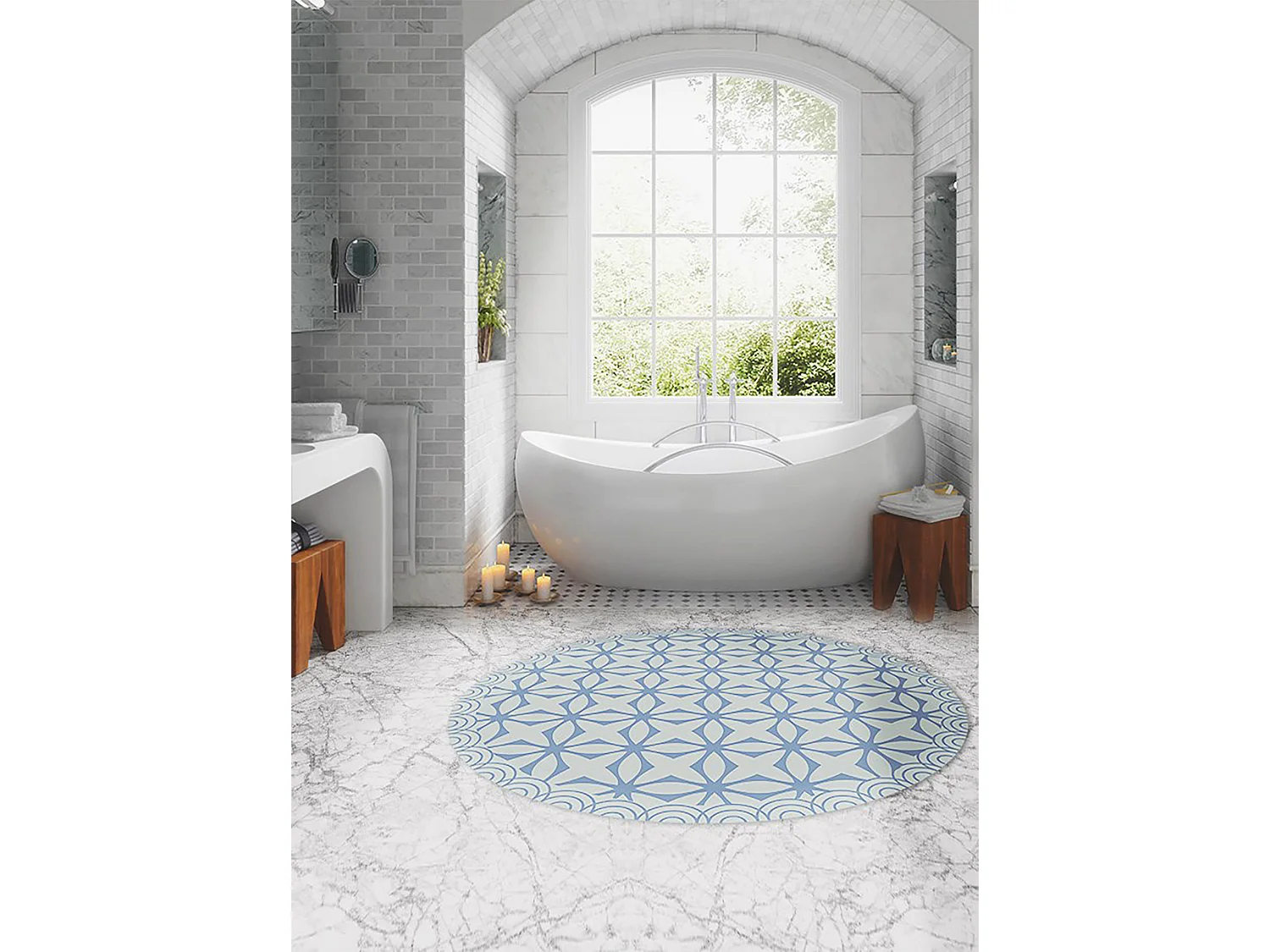 Tapis Vinyle 150cm PVC Linoléum Imperméable Pour la Cuisine Salon Rond - Étoiles géométriques