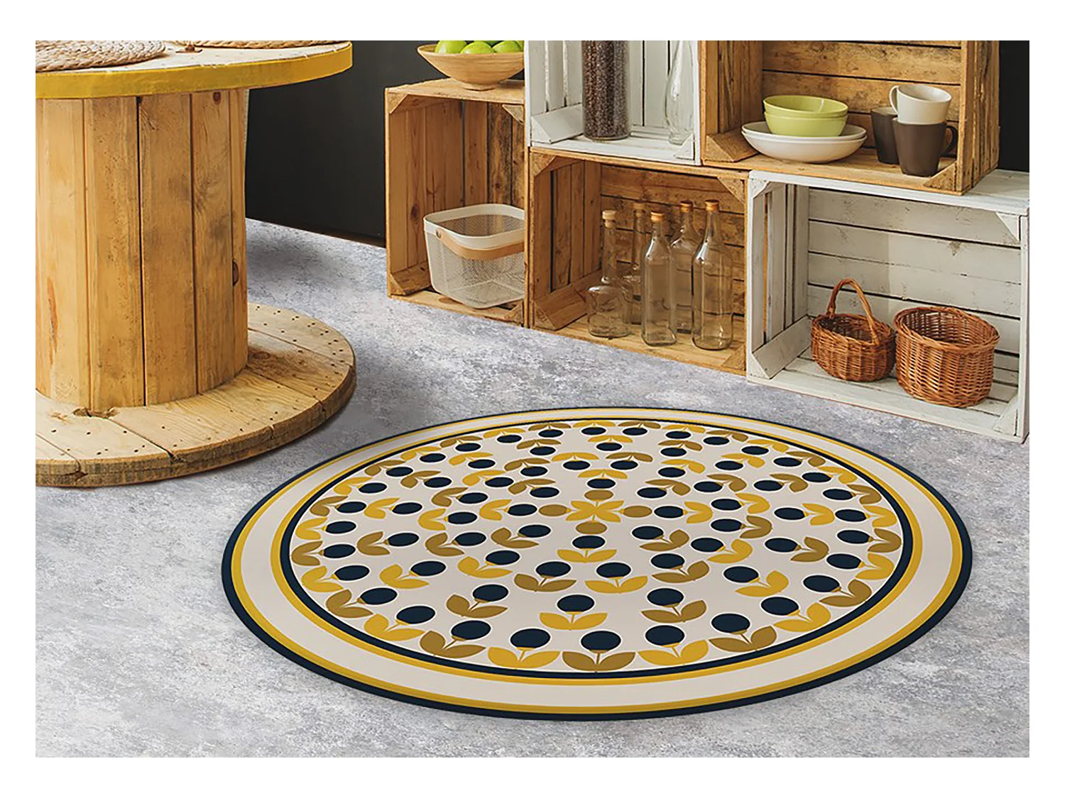 Tapis Vinyle 90cm PVC Linoléum Imperméable Pour la Cuisine Salon Rond - Fleurs reproductibles