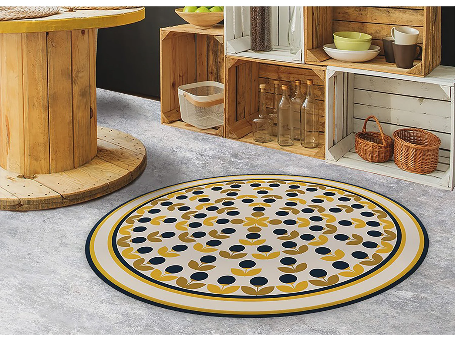 Tapis Vinyle 90cm PVC Linoléum Imperméable Pour la Cuisine Salon Rond - Fleurs reproductibles