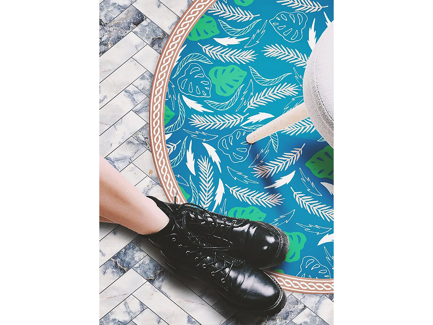 Tapis Vinyle 90cm PVC Linoléum Imperméable Pour la Cuisine Salon Rond - Feuilles hawaïennes