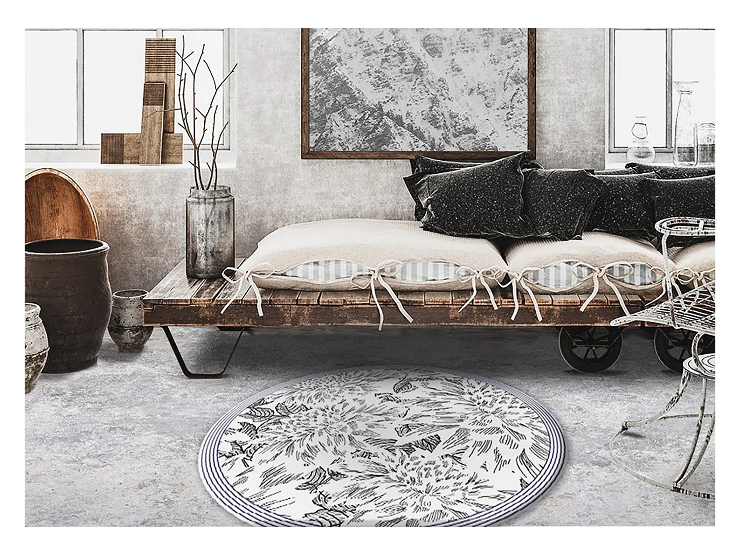 Teppich Vinyle 80cm Wasserdicht Dekorativ Rund Küchenmatte PVC für das Wohnzimmer - Die Umrisse der Knospen