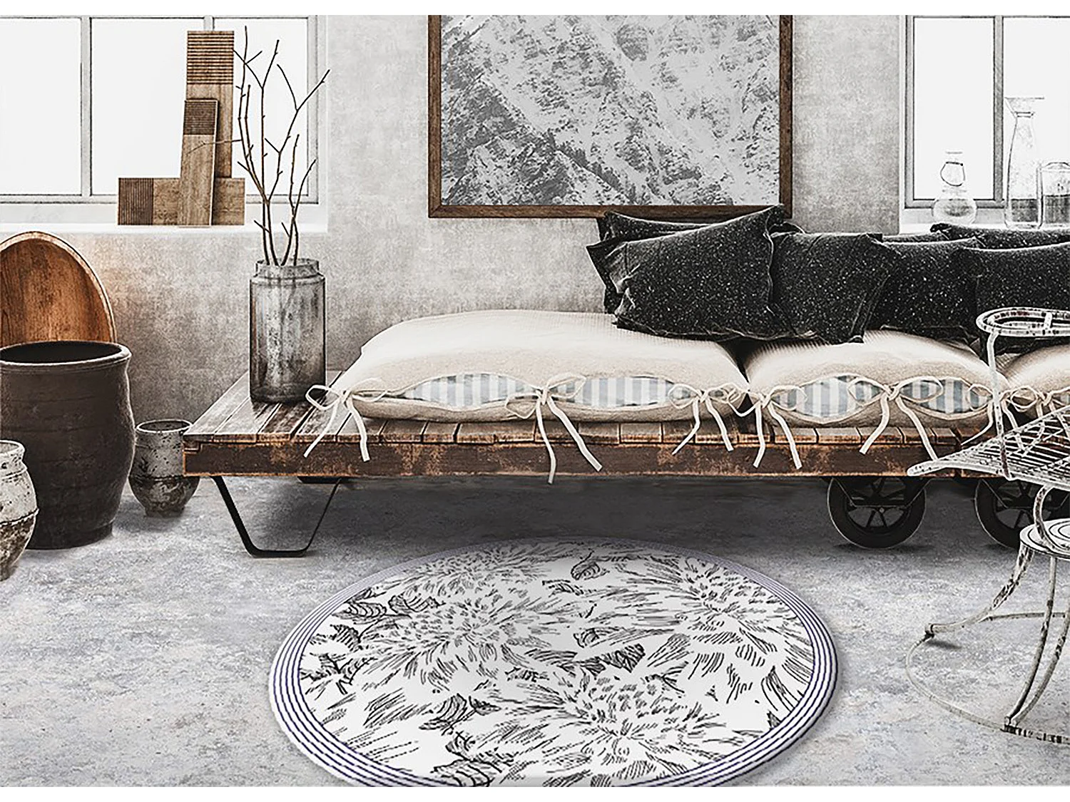 Teppich Vinyle 80cm Wasserdicht Dekorativ Rund Küchenmatte PVC für das Wohnzimmer - Die Umrisse der Knospen