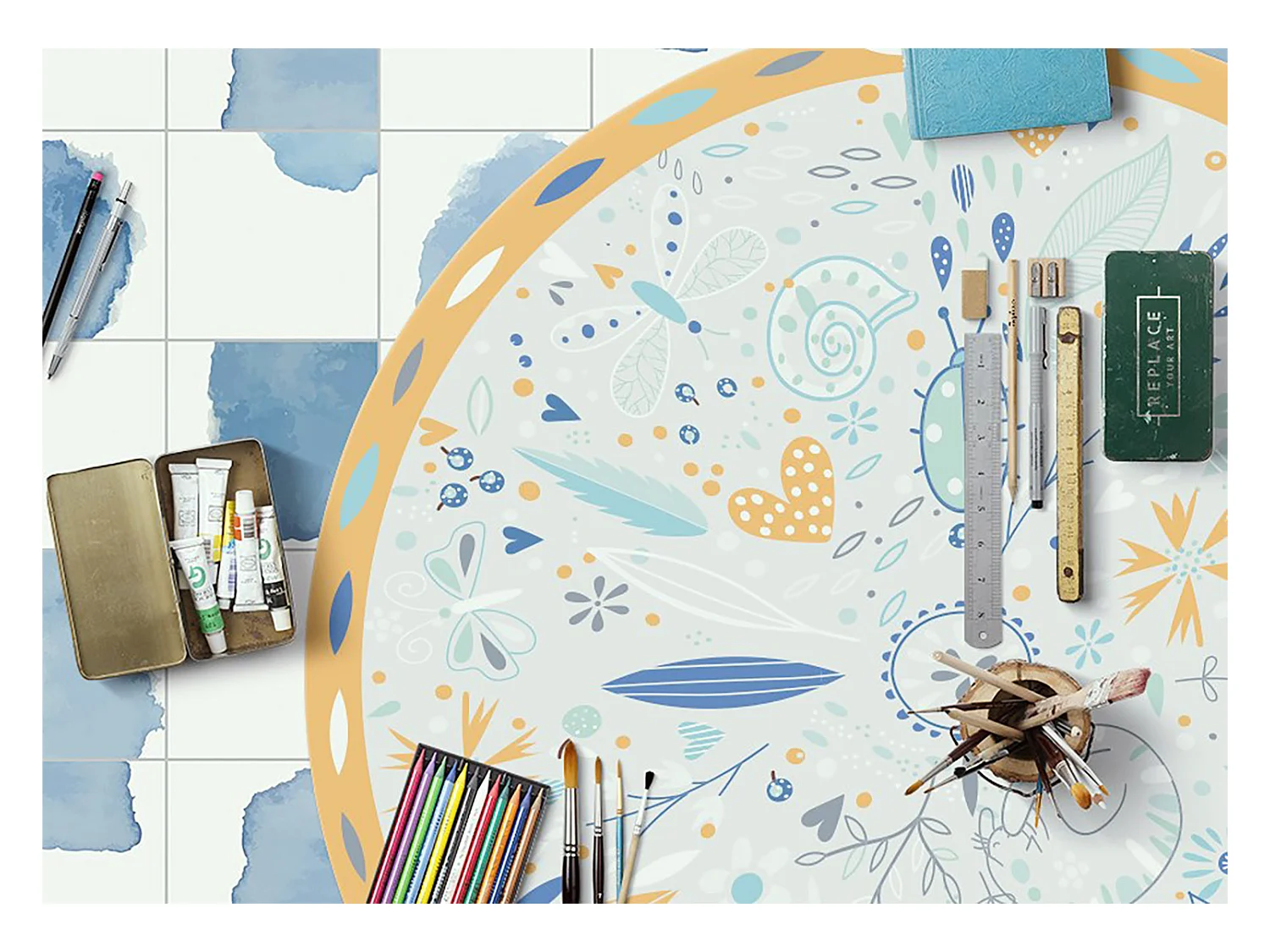 Teppich Vinyle 70cm für das Wohnzimmer Dekorativ Rund Wasserdicht Küchenmatte PVC - Wiesenmotive