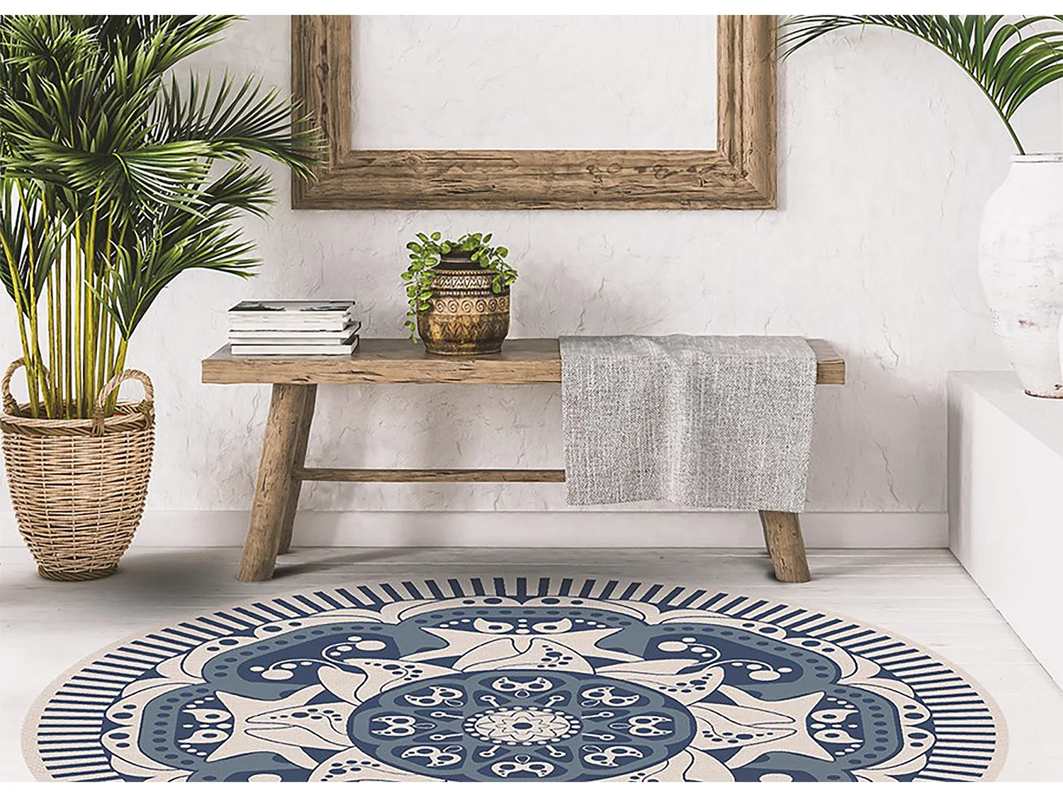 Tapis Vinyle 60cm Pour la Cuisine Rond Salon Imperméable PVC Linoléum - Mandalas floraux