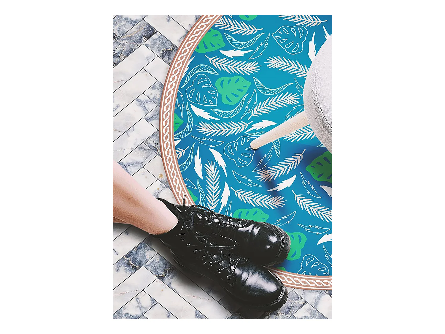 Tapis Vinyle 130cm PVC Linoléum Imperméable Pour la Cuisine Salon Rond - Feuilles hawaïennes