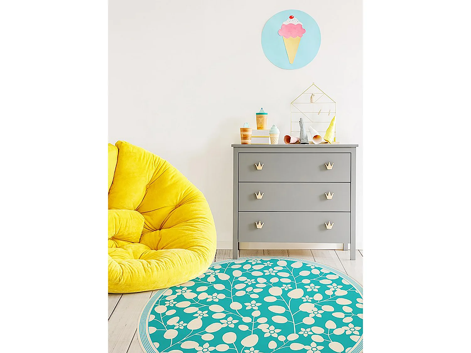 Teppich Vinyle 130cm für das Wohnzimmer Wasserdicht Küchenmatte Rund Dekorativ PVC - Blumentriebe