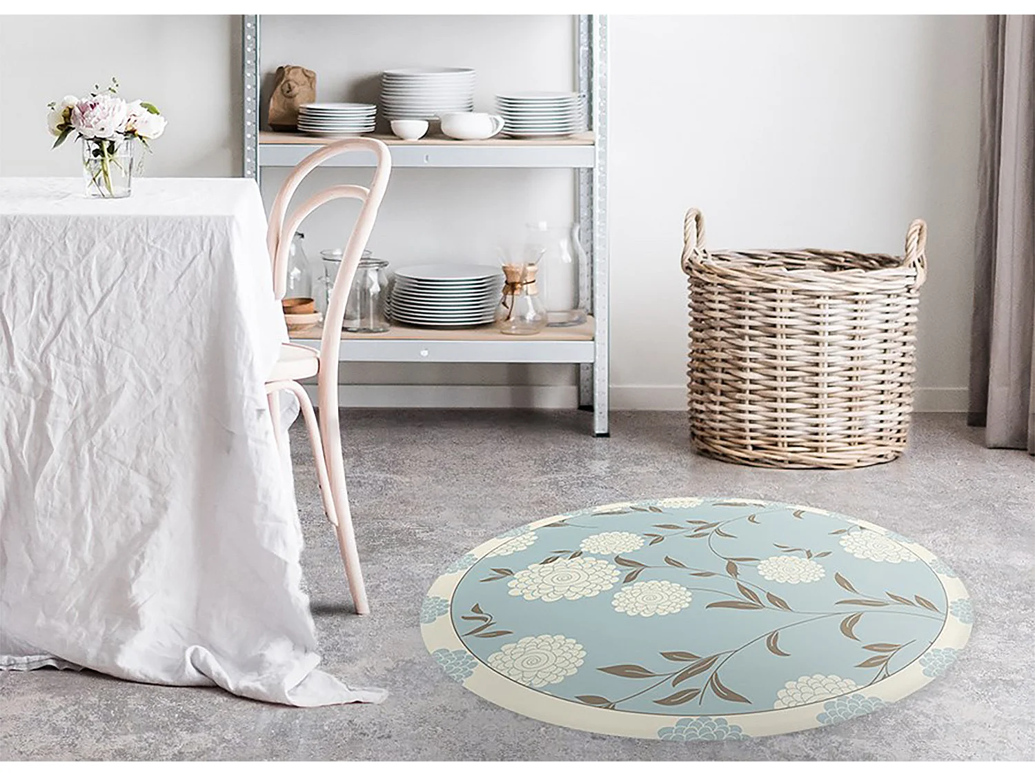 Teppich Vinyle 110cm Küchenmatte für das Wohnzimmer PVC Rund Dekorativ Wasserdicht - Große Knospen