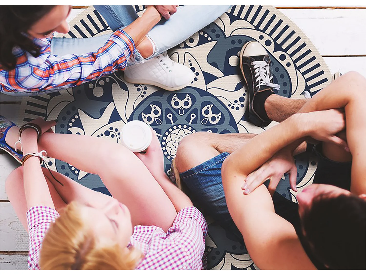 Tapis Vinyle 150cm Pour la Cuisine Rond Salon Imperméable PVC Linoléum - Mandalas floraux