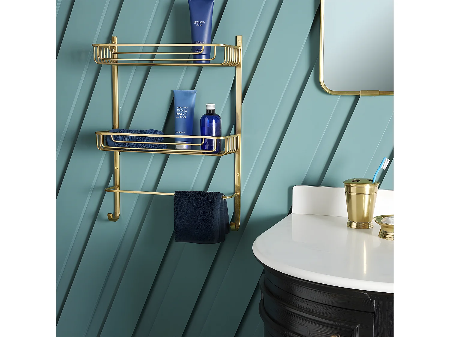 Mensole da parete a 2 livelli con portasciugamani in ottone dorato - L42 x H56cm