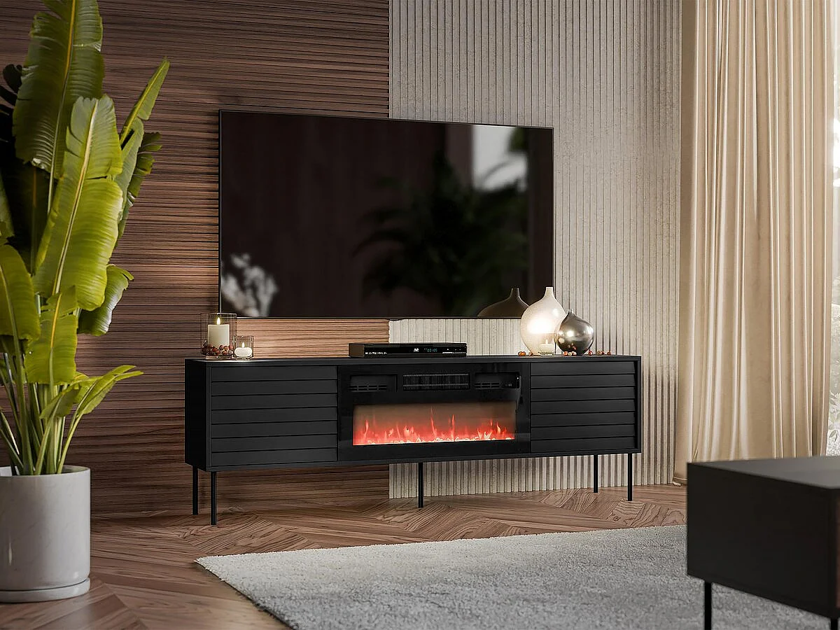 Meuble TV "Cortina" avec cheminée - 180 x 40 x 60 cm - Noir