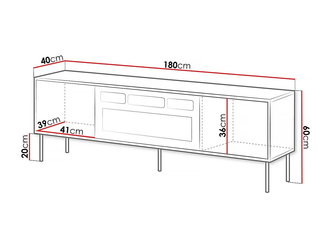 Meuble TV "Cortina" avec cheminée - 180 x 40 x 60 cm - Noir