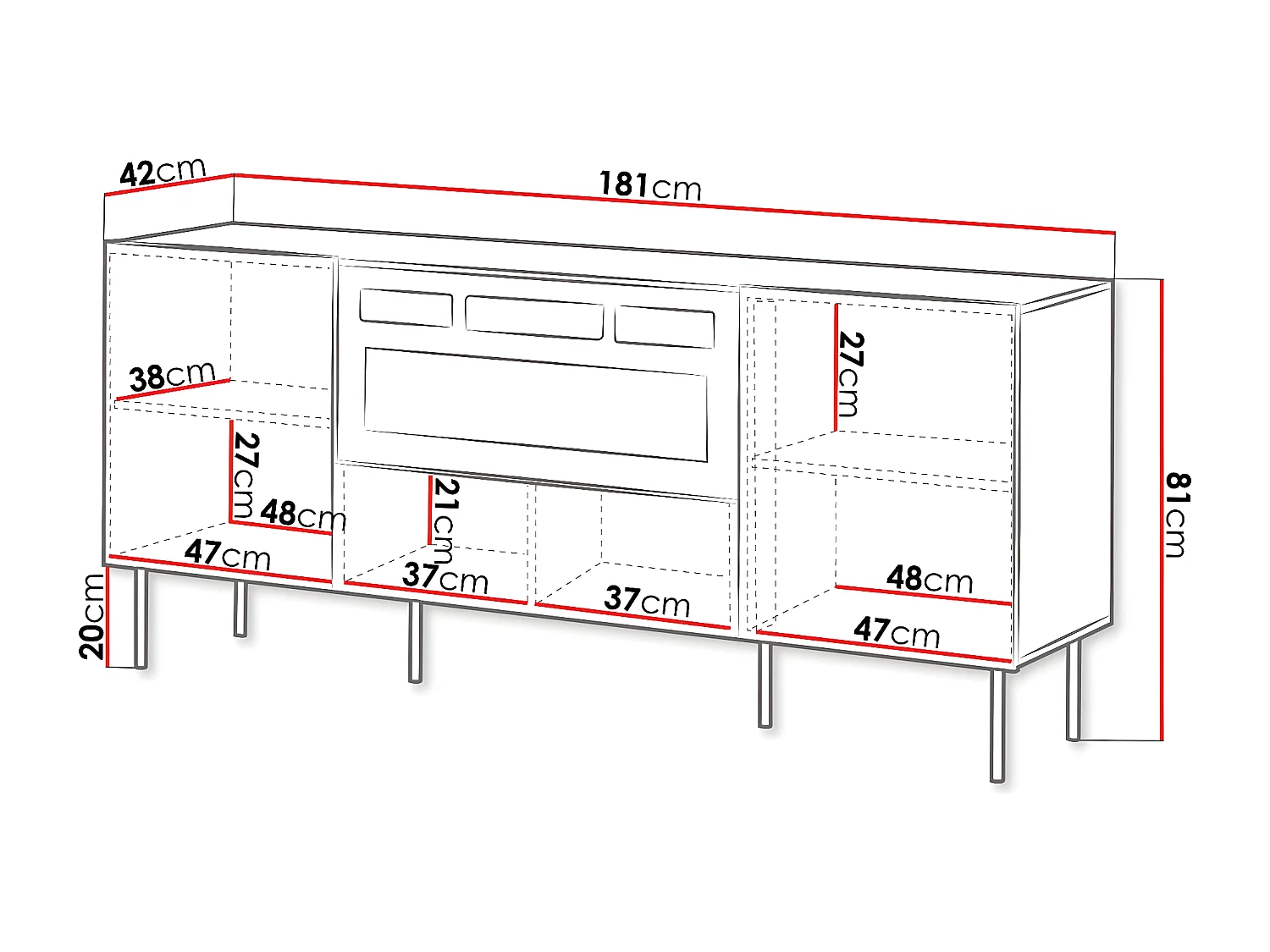 Buffet "Tacos" avec cheminée électrique - 181 x 42 x 81 cm - Marron