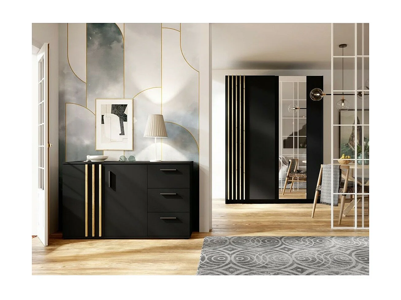 Cómoda VARIA - 2 puertas y 3 cajones - Diseño moderno en colores negro y roble artesano